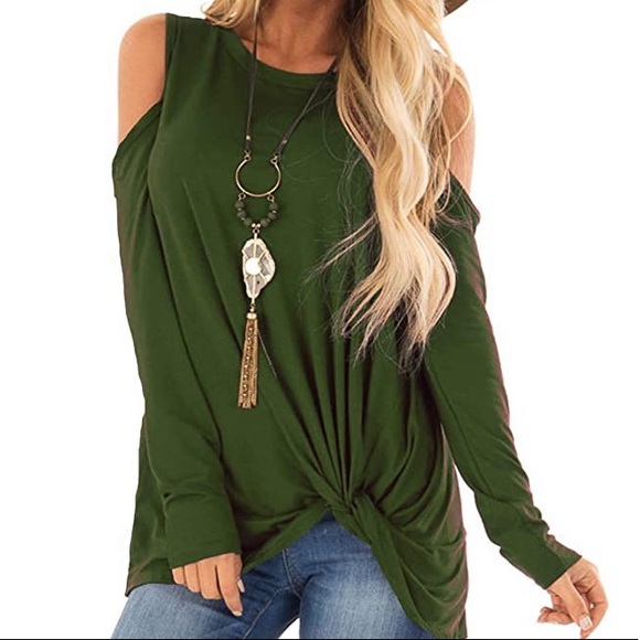 woman cold shoulder top long sleeve twist knot - Picture 2 of 2